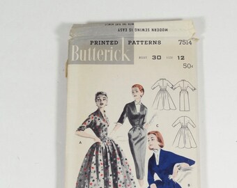 50s Sheath or Full Skirted Dress Pattern - Butterick 7514 - Size 12 - Vintage 1950s Dress Pattern