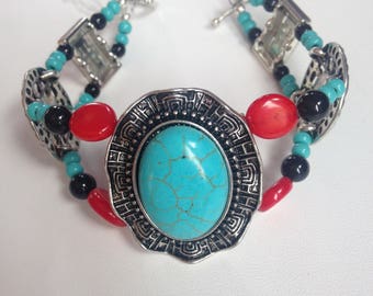 Turquoise, Coral and Black Onyx Double Bracelet