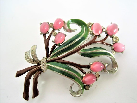 Enamel Bouquet Brooch, Pink Moonstone Cabachons, Rhodium Setting, Green Enamel Leaves, Rhinestones Surrounding