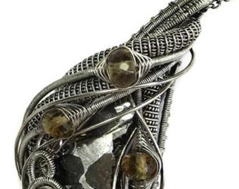 Wire-Wrapped Seymchan Pallasite Meteorite Pendant in Antiqued Sterling Silver with Citrine