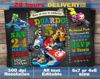 Mario Kart Invitation - Mario Kart Birthday Party Chalkboard Invite With Photo - Printable And Digital File, Digital file