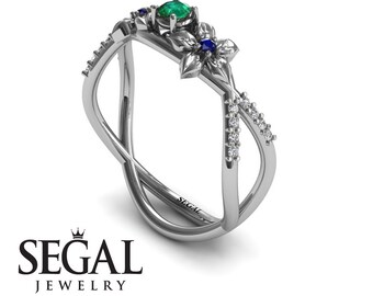 Emerald Engagement Ring White Gold Green Emerald Ring Flower Ring Leaf Ring Nature Inspired Ring Green Emerald Engagement Ring - Annabelle