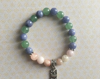 Bracelet en pierres semi-précieuses en Angelite bleu, Aventurine verte et Morganite rose
