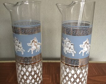 2 Vintage Mid Century Modern Barware Glass Martini Pitchers with Stirrer Centaur Pictured on Each White Blue and Gold Greek Key Design Mint
