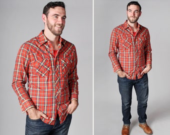 Vintage Men's Plaid Western - Button Up Woven Long Sleeve Rodeo Cowboy Red White Country Rockabilly Red Green Yellow - Size Medium