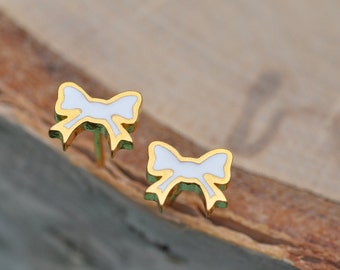White and Gold Bow Sterling Silver Earrings, Bow Earrings, Sterling Silver Earrings, Sterling Silver Jewelry, 100% Sterling Silver