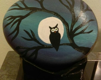 Owl in Moonlit Tree Hand-Painted Rock