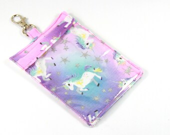 UNICORN ID holder, Fabric lanyard, Purple pink fabric badge sleeve, Transparent badge holder, Fabric badge holder