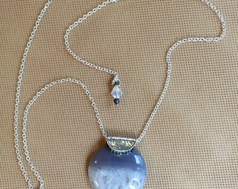 pendant necklace, Sterling Silver chain and bail, holds round, two tone, semi-translucent, stone, embellished w/spinel gems and back drop
