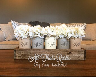 5 Jar Neutral Toned Mason Jar Centerpiece, Mason Jar Decor, Country Decor, Painted Mason Jars, Rustic Home Decor, Farmhouse Decor, Mason Jar