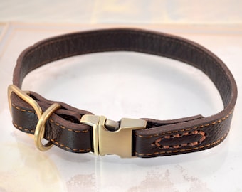 Leather Dog Collar Snap On For Quick Release Brass Real Genuine Leather Dark Brown For Small to Large Breed Dogs - 7" to 21"