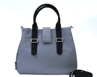 Mother s Day Big Sale POPPY / Large / Ship in 5 days / Dark Grey / Lined with Grey Strips / Adjustable Strap and Elastic Pockets / Diaper Ba