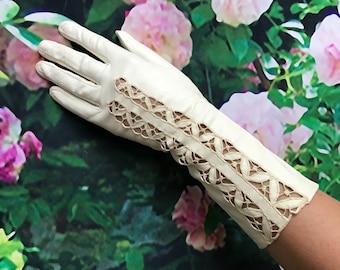Vintage Ivory Cutwork Lace White Kid Leather Gloves Long