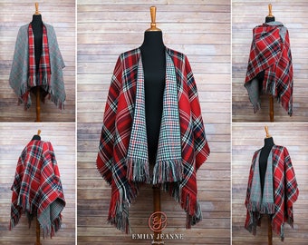 Reversible Poncho Cape with long hand-fringed edges - Red, black, blue, and white plaid with cream, blue, red, and green houndstooth reverse