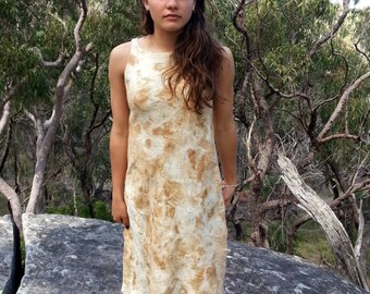 Silk nuno felt dress, eco print golden brown and cream bark