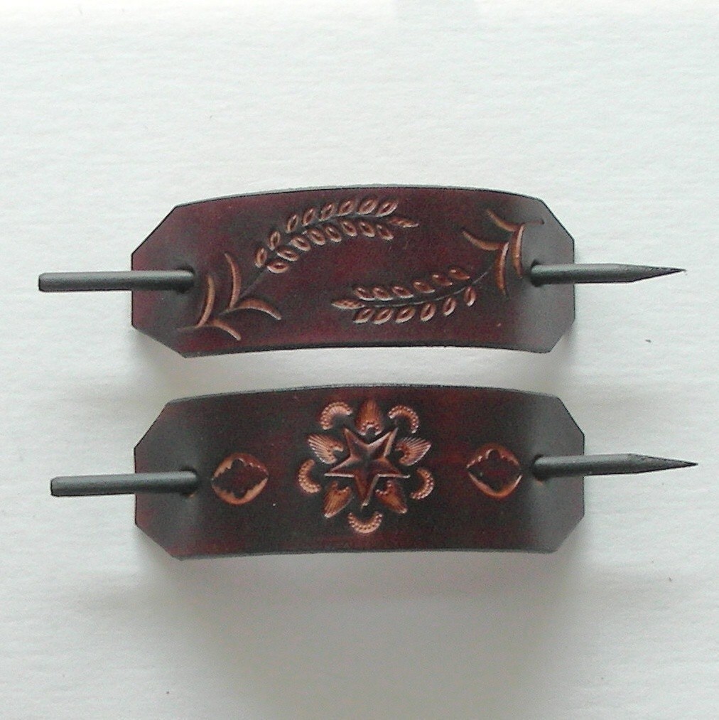 Tooled Leather Hair Barrettes with Sticks Retro Leather