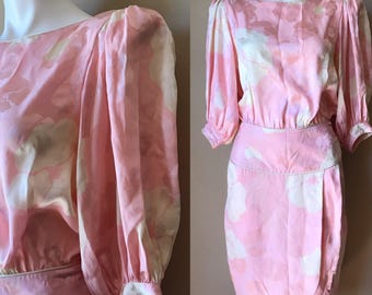 Vintage 1980s Flora Kung 100% Silk Pink and White Floral Dress Size 10