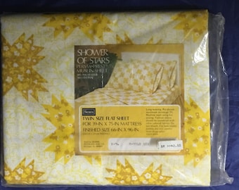 New Old Stock 1970's TWIN FLAT Sheet Sears Shower of Stars - Reclaimed Bed Linens