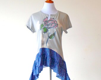 L-XL ~ Bleached Art Butterflies & Roses T Shirt ~ gypsy lagenlook handmade upcycled boho chic hippie wearable art