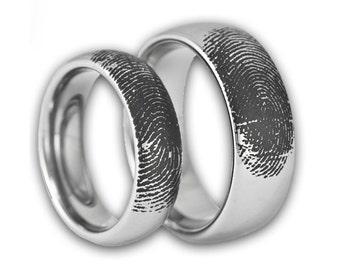 Couples Custom Engraved Tungsten Fingerprint Rings His and Hers Matching Wedding Bands Personalized Also Available in Gold & Rose Gold Color