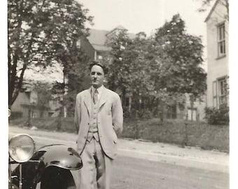 Vintage Snapshot "His Nibs" Aristocratic Handsome Young Man Expensive Antique Car Found Vernacular Photo