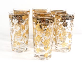 Stunning Culver Floral 22K Tumblers - Set of 7 -Culver Ltd Chantilly Gold Embellished Glassware - Vintage Culver Midcentury