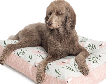 Pink Flamingo Dog Bed Duvet Cover Gray Blush Pink Green Black. Zippered washable designer dog bed replacement cover. Tropical style decor