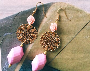 Roses and rosettes, filigree drop earrings.
