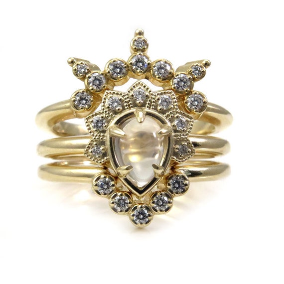 Moonstone and Diamond Asteroid Engagement Ring Set - 14k Gold - Bohemian Stacking Ring Set