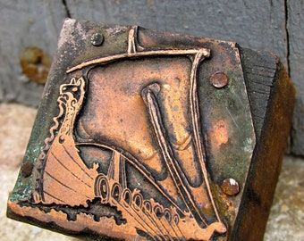 Antique Letterpress Viking Ship Copper and Wood Printing Block Stamp - Printer Block - Printing Plate - Vintage Stamp - Karvi - Karve - Boat
