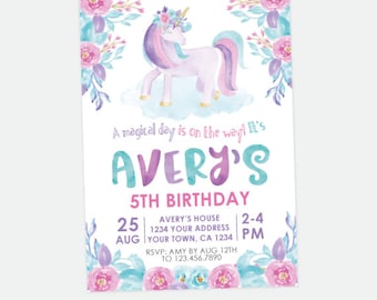 Unicorn Birthday Invitation, Magical Birthday Party, Floral Unicorn Invitation, Spring Summer Unicorn, Personalized DIGITAL Invitations