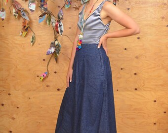 Vintage 80's Denim Summer Skirt A-line Maxi In Dark Blue SZ S/M