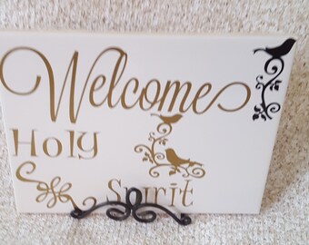 Welcome holy spirit decorative tile with birds and scroll design