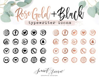Rose Gold & Black Type Writer Keys Social Icons for your blog or website - Rosegold Vintage Typewriter Social Media Icons