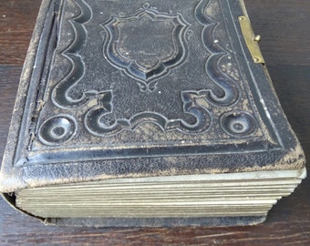 1800s Leather Bound Photo Album with 15 Portrait Photos