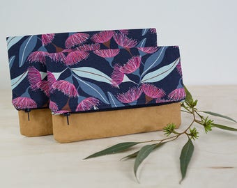 Navy foldover clutch. Clutch purse. Washable paper clutch. Floral clutch bag. Vegan leather bag. Floral purse. Bridesmaid gift.