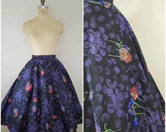 Vintage 1950s Circle Skirt / Beaded Black and Purple Floral / Small