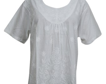 Bohemian Womens Tunic Top Just One Look White Hand Embroidered Crochet Lace Hem Cover Up Blouse L
