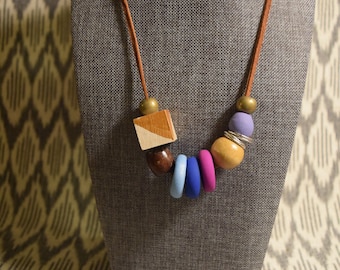 Mixed Media Purple and Gold Handmade Clay Bead Necklace on Leather