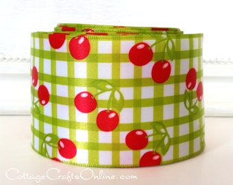 Wired Ribbon, 2 1/2" Red Cherries, Green Check Satin - TEN YARDS - Offray "Cherries" Spring, Summer, Fruit Print Wire Edged Ribbon