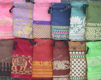 Recycled Sari Drawstring Gift Bags, 12 Gift Pouches 3 x 2" Fabric Gift Bags, Multi Colored India Gift Bags, Handcrafted Bags MS-033-44