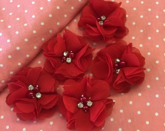 2.5" Red Chiffon Flower with Pearl and Rhinestone Center set of 5