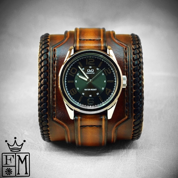 Leather cuff watch Tobacco sunburst wide layered laced edge Brown watch band cuff Bracelet Handmade for YOU in New York by Freddie Matara