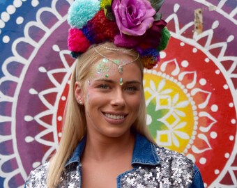 Pom Pom flower crown! with chain and pendant detail.
