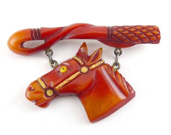 Vintage Carved Bakelite Horse Head & Riding Crop 2-Part Brooch Pin