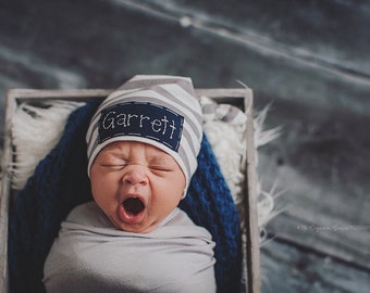 Wide GREY & WHITE STRIPE: Baby Name hat, personalized hat, newborn name hat, photo prop, baby hat, knots, birth announcement, hospital hat