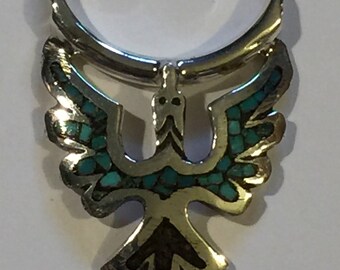 Vintage Steling Silver 18" Chain with Inlaid Torquoise Eagle Pendant 4.5g