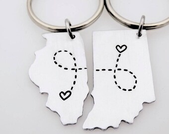 State Country keychain Set, Long distance Love, going away gift, matching set, USA Map, Long distance Couples Gift, Long distance friends