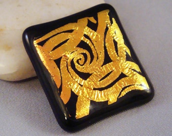 Dichroic Glass Cabochon Ribbons and Swirls Copper Gold on Black Hand Etched Fused Glass for Jewelry and Crafting by Solaris Beads 1998