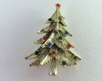 Christmas Tree Brooch, Pin, Multi Colored Rhinestone Sets, Gold tone, Vintage Jewelry